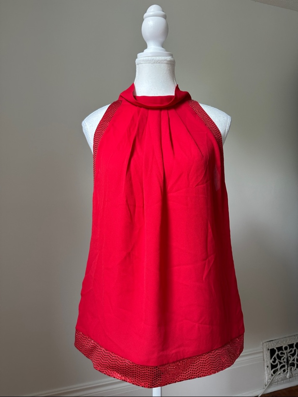 SUZY SHIER Red Y2K‎ Retro Preppy Sequin Mock Tie Neck Sleeveless Blouse Large